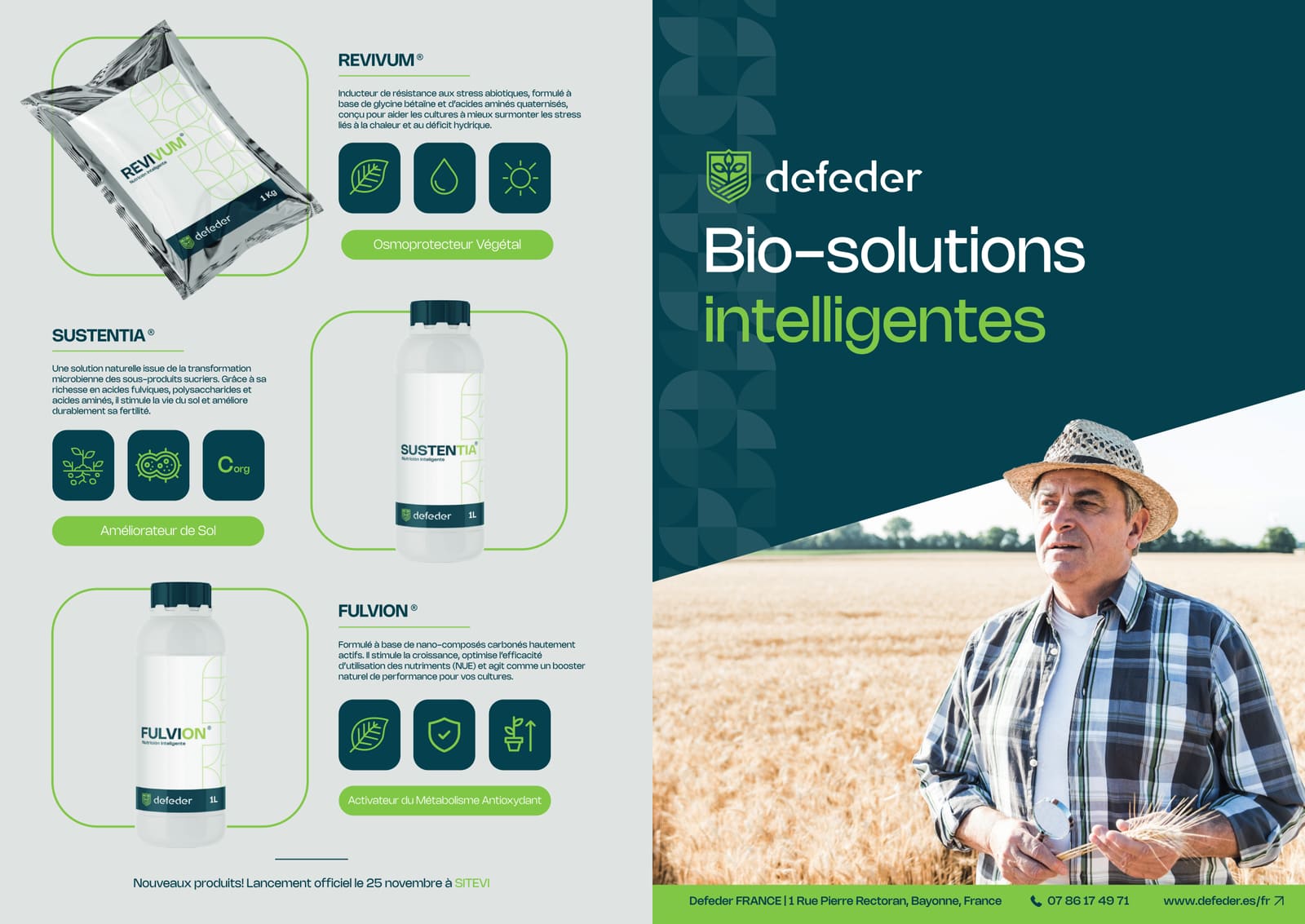 Díptico en francés diseñado para Defeder, empresa de bio-soluciones agrícolas